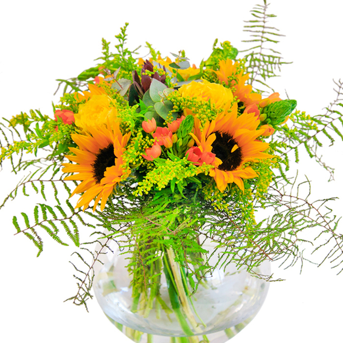 Brimming with the warmth of the Maidenhead countryside, this floral arrangement unfurls in a vibrant dialogue of sun-kissed sunflowers and golden yellow roses, nestled in a clear glass vase as luminous as the Thames on a bright afternoon. Each sunflower commands attention, its deep, textured brown centre brilliantly framed by soft yellow-orange petals that seem to radiate energy. Around these cheerful stars, roses open in concentric swirls, their petals dense and richly saturated, offering both refined elegance and a sense of joyful abundance. Punctuating the bouquet, clusters of glossy red Hypericum berries glint like precious jewels hidden among a tangle of fresh, verdant greenery, capturing echoes of the berry hedgerows along Ray Mill Island. Fern fronds arc gracefully downward, their filigreed fronds lending delicate movement to the design. Wispy waves of solidago weave through the composition, punctuating the bright palette with tiny yellow blossoms, while wiry eucalyptus leaves inject a hint of cool, blue-green contrast. Arranged in a round vase-its transparent surface revealing the order and beauty of the stems-this piece is as fresh as a riverside breeze and designed for those who appreciate artistry and nature in perfect harmony. Whether gracing a family celebration or serving as a thoughtful gesture sent via Flower Delivery Maidenhead, this bouquet is a true tribute to the happiness that blooms in Maidenhead's vibrant gardens and cherished moments alike.