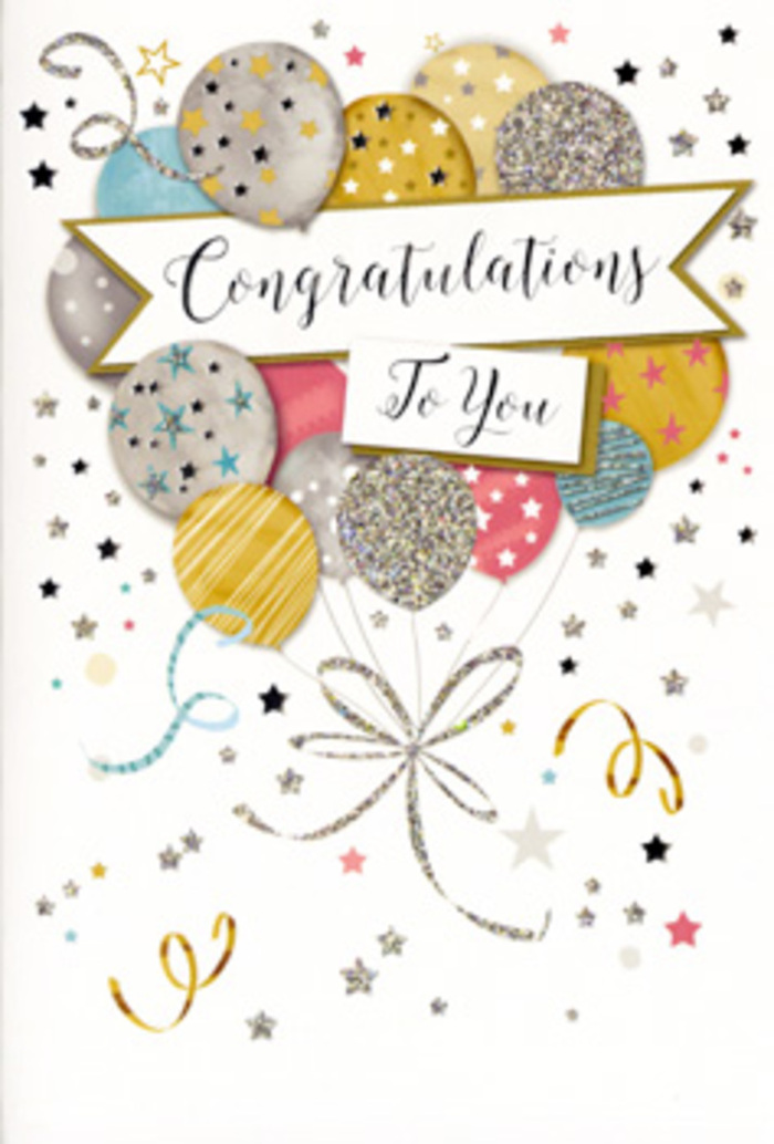 An elegant congratulations card is shown upright, its artwork turning the flat surface into a scene of quiet festivity, much like the calm yet celebratory buzz around Maidenhead town centre on a weekend afternoon. Dominating the composition is a sweeping banner across the middle, gracefully carrying the message Congratulations To You in ornate script. The lettering is drawn in shimmering metallic ink, with curves and flourishes that suggest careful craftsmanship and a touch of glamour. Surrounding the banner, a playful arrangement of balloons rises upward like a stylised bouquet, each balloon carefully shaded to feel round and softly inflated. The palette is sophisticated yet cheerful: brushed gold, satin silver, champagne beige, muted sky blue, blush pink, and cool grey. Some balloons feature twinkling stars, others are dusted with fine glitter effects or decorated with thin, looping stripes, as if they've been individually embellished for this one special moment. Metallic ribbons tumble from their bases, tracing long, curling paths across the card in silver and gold lines that criss-cross without ever feeling cluttered. The background remains pale and airy, sprinkled with tiny star shapes, dots of confetti, and energetic curls that mimic party streamers unfurling above a table of flowers and treats. The overall feel is one of polished celebration-joyful, but with a refined edge that would suit a graduation at a local college, a promotion in one of the offices near Maidenhead station, or a new business opening in the town. It's easy to imagine a local florist slipping this card beside a hand-tied bouquet, ready for same-day delivery across Maidenhead to mark a proud, unforgettable occasion.