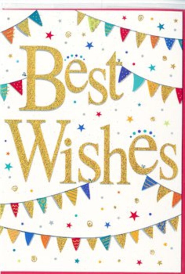 The congratulations card in the image feels like a captured moment of confetti-filled joy, perfectly suited to accompany a celebratory bouquet sent anywhere from central Maidenhead to the quiet streets of Furze Platt. Dominating the centre is the greeting Best Wishes, written in a flowing, handwritten-style script that glows in metallic gold. The letters appear embossed, with a subtle glitter sheen that catches the light, creating both visual sparkle and a tactile sense that your fingers might brush against tiny, raised specks. This radiant message sits against a clean white background, giving it space to shine and adding a contemporary, uncluttered feel. Curving gracefully above and below the words are strings of bunting, each line forming a loose arc like decorations hung for a summer fête on Braywick Park's open lawns. The pennants are small but distinct, painted in a harmonious mix of bright and pastel hues-vivid blues, warm reds, fresh greens, sunshine yellows, and soft pinks-some featuring miniature patterns of stripes, dots, or chevrons. They create a sense of movement, as though a gentle breeze has just stirred them. Dotted around the bunting and lettering are tiny starbursts and circular confetti marks in matching colours, scattered with artistic randomness that suggests an ongoing celebration rather than a static design. The overall impression is one of light-hearted sophistication: fun and colourful, yet not childish. As a florist familiar with local celebrations from school graduations to new-job parties in town, this is the sort of card I would nestle among bright blooms to carry both congratulations and encouragement. It feels versatile enough for exams, engagements, or first homes, sending a clear visual message of happiness, hope, and shared pride in someone's success.