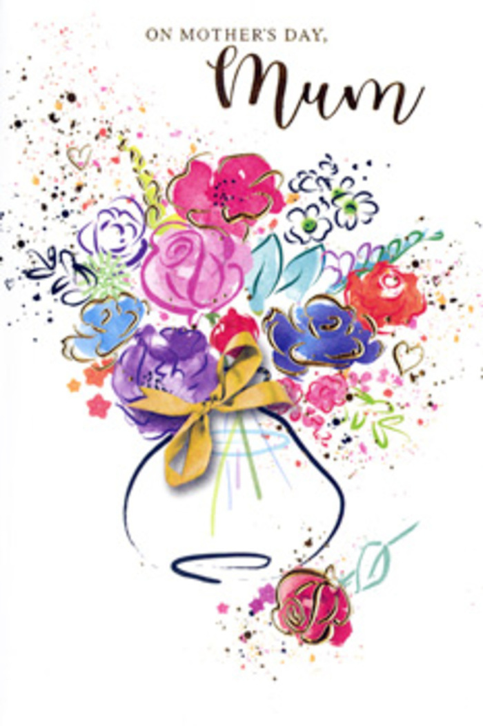 Expressive Mother's Day card illustration showing a vibrant, impressionistic bouquet in a slim vase, painted as if by a florist with a brush in one hand and fresh blooms in the other, drawing inspiration from Maidenhead's springtime gardens. The flowers themselves are suggested through generous strokes of hot pink, deep indigo, soft apricot, and lively chartreuse, layered in a way that hints at petals and foliage rather than sharply defined stems. Some blossoms resemble open roses in vivid cerise and magenta, while others recall meadow flowers, loosely clustered to suggest movement and abundance. Fine touches of metallic gold outline selected petals and leaves, creating a sense of gentle radiance, similar to the warm glow over the river near Boulter's Lock in late afternoon. The bouquet sits in a small, curved vase at the bottom of the card, the vessel lightly shaded and finished with an elegant golden bow that feels like the final flourish a local florist would tie before delivering a Mother's Day surprise. Around the arrangement, playful spatter marks, hearts, and tiny flecks of colour hover and drift, like confetti or scattered petals, adding to the feeling of celebration. The white background keeps everything airy and bright, making the colours sing while focusing attention on the emotional heart of the design: appreciation, gratitude, and the enduring comfort of a mother's love. It resembles a spontaneous sketch made in a Maidenhead shop between arranging real bouquets for homes in nearby Taplow, Bray, and the tree-lined streets off Grenfell Road.