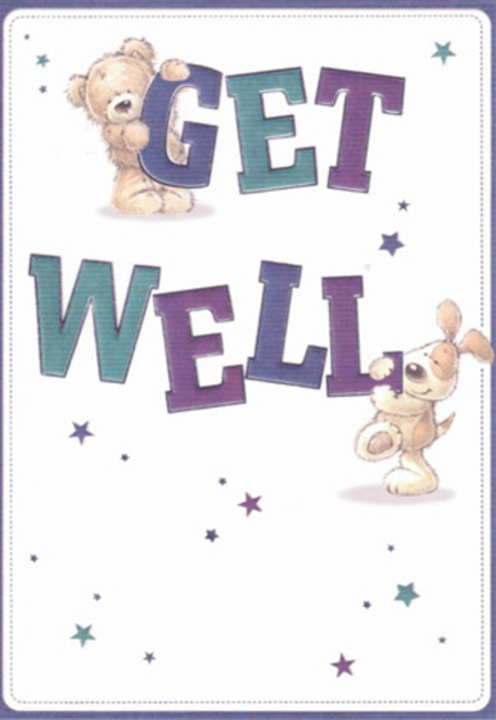 Capturing the very spirit of gentle encouragement, this illustrated get well card features two friendly companions-a cuddly bear and an exuberant puppy-set in a scene that sparkles with playful optimism. Around the duo, a constellation of cheerful stars dances, echoing the burst of goodwill and hope typically found in the small acts of kindness exchanged across Maidenhead's welcoming neighborhoods. The complex tones of indigo and teal within the bold, oversized 'Get Well' letters ground the composition in modern reassurance, the colours reminiscent of sky reflections glimpsed on the River Thames. Each detail, from the tactile fluff of the bear's fur to the velvety droop of the puppy's ears, feels lovingly rendered, creating such an inviting sense of touch that it calls to mind the joy of receiving a comforting gesture from a friend near Grenfell Park. Thus, the design radiates positivity in much the same way as a thoughtfully arranged bouquet offered during challenging times-each visual element placed with intention to lift spirits, making it a perfect companion for a get well sentiment delivered locally in Maidenhead.