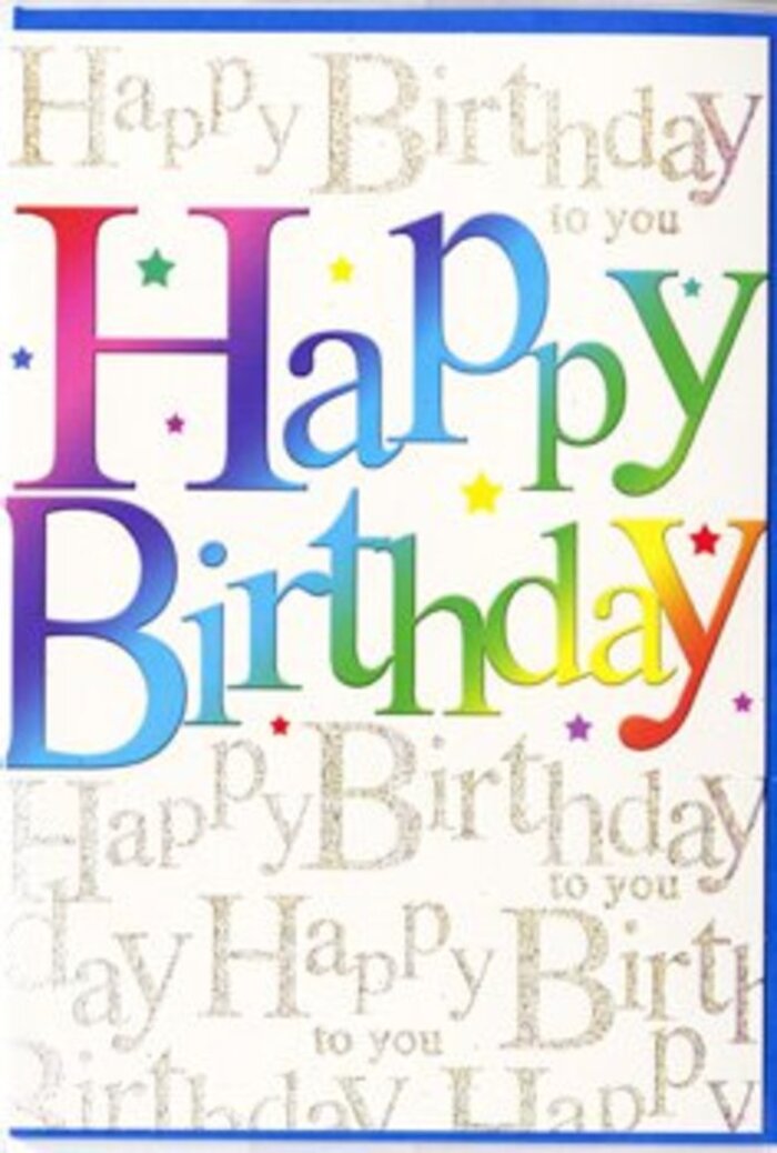 The image portrays a vibrant birthday card photographed from above, its design radiating the same sense of occasion you might feel walking past a freshly dressed shopfront near Maidenhead's Nicholsons Centre. At the heart of the card, the main greeting-Happy Birthday-is printed large and proud in wide, gently curved letters that run horizontally across the front. Each letter glows with its own segment of a continuous rainbow gradient: intense crimson softens into poppy orange, then into warm golden yellow, followed by lush spring green, bright sky blue, and a rich, velvety violet that anchors the spectrum. The blending is smooth and fluid, like the harmonious transition between different flower colours in a well-composed birthday arrangement. These colourful letters sit atop a refined backdrop of handwritten-style script, repeating the phrase Happy Birthday to you in elegant, flowing gold. The calligraphy is small and consistent, forming soft bands of metallic text that ripple down the card in evenly spaced lines, a little like gentle waves on the Thames by Ray Mill Island when the sun is low. The gold has a subtle shimmer, as though tiny particles of glitter are embedded in the ink, yet the effect remains tasteful and controlled, never overwhelming the main message. The base colour of the card is a creamy off-white, lending warmth and sophistication while allowing the rainbow text and gold script to shine. Overall, the card feels festive, modern, and heartfelt-a perfect finishing touch to accompany a same-day birthday flower delivery somewhere in Maidenhead, transforming a simple gesture into a full-hearted celebration.