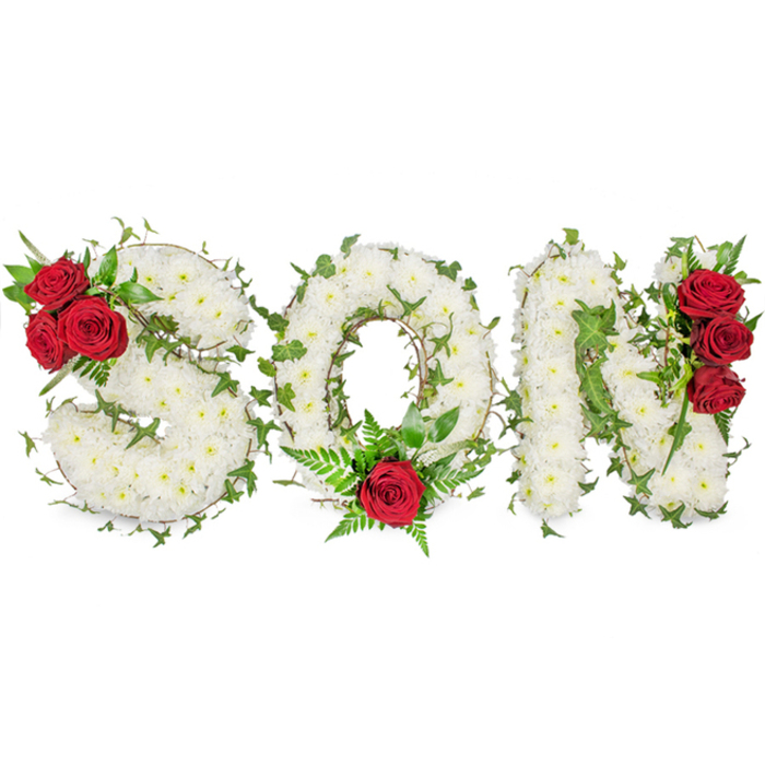 Carefully composed to spell the letters S O N, this funeral letter tribute rests against a bright white background so the textures and colours read with quiet clarity. Each letter is a tightly formed expanse of small white spray chrysanthemums, their multitude of tiny petals creating a soft, cushiony surface that speaks of purity and peaceful remembrance. Woven through the white are trails of deep-green ivy and darker foliage, their sinuous lines adding structure and a sense of ongoing life. Strategic clusters of deep red, velvety roses provide emotional contrast and focal points: on the S a grouping of three rich roses nestles into the top-left curve with accompanying glossy leaves; at the base of the O a single, prominent red rose is surrounded by delicate fern-like greenery; and along the right stroke of the N three roses are arranged vertically to anchor the design. Gentle, diffused lighting highlights the contrast between white, red and green and brings out the neat craftsmanship and layered depth of the piece. Presented with the sensibility of a local Maidenhead practice, this arrangement - available through Flower Delivery Maidenhead for families needing a dignified expression of condolence - conveys profound love, respect and a desire to comfort: it is fitting for a funeral service, chapel tribute or graveside memorial to honour a beloved son with understated grace.