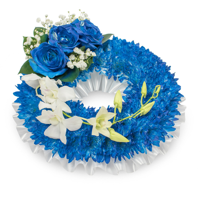 A thoughtfully composed sympathy wreath presented on a pristine white background, where deep blue and pure white tones work together to form a dignified, contemplative tribute. The wreath is densely covered with innumerable small, royal-blue chrysanthemum-type flowers, their compact, feathery petals creating a voluminous, tactile ring that reads as both sturdy and tender. A neat band of pleated white satin lines the inner opening, its satiny folds offering a refined contrast and a sense of ceremonial calm. At the upper-left quadrant a small cluster of three magnificent blue roses is arranged with precision: each rose is fully open, exhibiting layers of velvety petals in rich sapphire hues that catch gentle highlights and deepen at the shadowed folds. Surrounding these roses are delicate sprays of baby's breath and subtle dark green foliage, which add a classic, understated frame. From the mid-left the design flows into a graceful cascade of immaculate white orchids - the broad, elegant petals reminiscent of Phalaenopsis varieties - arching across the wreath toward the lower-right, their luminescent faces imparting an airy, almost ethereal movement. Scattered among the open orchids are several fresh green buds, some tightly closed and others just beginning to reveal their inner petals, suggesting life continuing alongside remembrance. The overall composition is cool in palette and soft in texture, carrying associations of peaceful reflection and reverent memory. This wreath suits funeral services, graveside tributes, or memorial displays across Maidenhead and surrounding communities such as Taplow and Cookham, where families seek a refined expression of sympathy and honour.