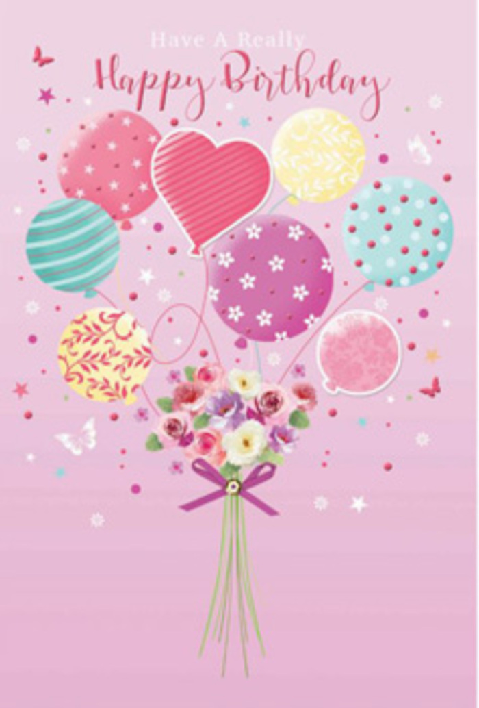 In this softly romantic birthday artwork, a cluster of pastel balloons rises from a dainty bouquet, as if the flowers themselves have learned to float over Maidenhead's rooftops. The background is a gentle wash of dusky pink, smooth and calming, giving the impression of early evening light settling over the town. Against this serene backdrop, balloons in tender hues of blush, mint, lemon, and lavender gather in a loose bouquet. Each balloon is decorated with its own intricate pattern-some swirl with candy-like stripes, some are sprinkled with lively polka dots, while others bloom with painted florals or tiny stars. A heart-shaped balloon nestles towards the centre, quietly radiating affection and the sentiment behind a heartfelt birthday wish. Below this airy collection, a compact hand-tied arrangement sits at the base, composed of petite roses and anemone-like blossoms in tones of cream, rose, and soft mauve. Their petals look velvety and touchable, layered in gentle curves that suggest real, freshly cut blooms you might pick up from a trusted Maidenhead florist before visiting a friend. A purple satin ribbon gathers the stems together, its subtle sheen catching the same imagined light that highlights the curves of the balloons above. Scattered butterflies and twinkling stars drift around the bouquet, adding a whimsical, fairy-tale quality, like something glimpsed in the corner of your eye during a birthday party in Kidwells Park. The overall mood is tender and uplifting, a harmonious blend of colour, texture, and joyful detail that turns a simple card into a keepsake of affection, perfectly suited to celebrating a special birthday in Maidenhead.