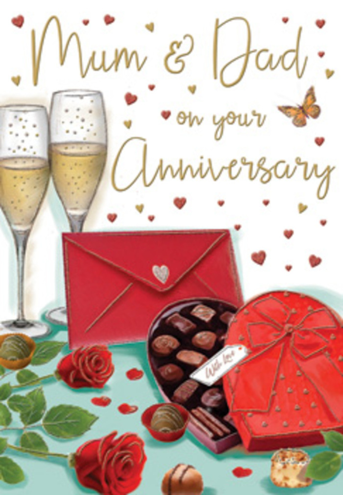 The illustrated anniversary card presents a richly detailed celebration scene, like a moment captured just before an intimate toast in a Maidenhead living room. Two tall champagne glasses stand close together at the centre, their clear stems slim and reflective, while the bowls shimmer with pale golden champagne, tiny bubbles rising in delicate streams. In front of them lies a heart-shaped box of chocolates, painted in a plush red tone with an extravagant satin bow tied across the lid; the box is open, revealing a tempting grid of dark and milk chocolates, each piece snugly cradled in its own little pocket. To one side, two luxuriant red roses, their petals layered and velvety, rest gently against a backdrop of fresh green foliage, reminiscent of the kind of classic anniversary stems a local Maidenhead florist might hand-tie for long-married parents. Several chocolates are scattered loosely across the tabletop, their rounded edges catching soft highlights that suggest ambient evening light. Above the arrangement, the handwritten message for Mum & Dad sits proudly, with gold and crimson hearts floating around the lettering like confetti, reinforcing the spirit of long-lasting romance and shared family joy. A rich scarlet envelope is placed thoughtfully nearby, its sealed flap inviting thoughts of a private, affectionate message, perhaps recalling early dates or memories of raising a family near Kidwells Park or Bray. The entire artwork is suffused with a warm glow, conjuring the subtle scent of roses, the indulgent aroma of chocolate, and the quiet, grateful happiness that surrounds an anniversary celebration at home in Maidenhead.