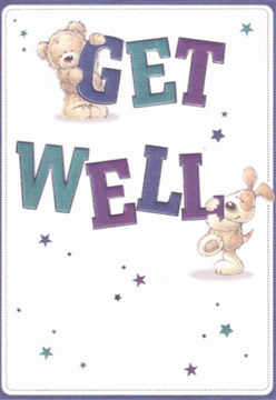 There is an immediate air of optimism and gentle reassurance in this delightful get well card, evoking the comforting embrace of Maidenhead's close-knit community. The artwork, rich with whimsical detail, centers on a lovable teddy bear perched atop the bold 'GET,' while a spirited puppy nuzzles the vivid 'WELL' below-each figure infused with expressive eyes and soft, rounded shapes that communicate warmth and gentle encouragement. The striking purples and teals of the lettering echo the subtle tones of springtime by Braywick Park, while scattered stars bring an extra shimmer, much like the hopeful twinkling of Maidenhead's riverside at dusk. The crisp white backdrop imparts a refreshing cleanliness, much like the light streaming across the Jubilee Clock Tower early in the morning. Every element feels considered, as though each brushstroke was laid with the same nurturing intention as selecting blooms for a get well bouquet. It is easy to imagine this card being paired with a fresh arrangement from Flower Delivery Maidenhead, the combined gesture radiating a local spirit of care, positivity, and genuine wish for recovery, right from the heart of our community.
