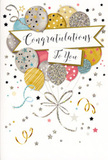 This congratulations card unfolds like a small celebration scene, perfect for pairing with a bouquet delivered anywhere around Maidenhead. In the centre, a softly curved banner carries the phrase Congratulations To You in stylish cursive, the lettering rendered in metallic ink that gives the words a dignified glow. Around this banner, an airy cluster of balloons rises and overlaps, composed in a way that feels very much like a florist arranging stems in a display. The balloons are plump and gently highlighted, painted in shades of warm gold, silver, champagne, sky blue, blush pink, and subtle grey. Each one is given its own decorative life: tiny stars sparkle across some surfaces, while others are adorned with glimmering glitter textures or fine stripes that wrap around their curves. Delicate ribbons trail from the balloons, looping and curling downward in gold and silver arcs that echo the playful energy of ribbons on wrapped gifts from a Maidenhead boutique. The background is light and uncluttered, scattered with miniature metallic stars, dots, and swirling lines that suggest confetti and streamers dancing through the air. There's a sense of gentle motion, as if a soft indoor breeze from an open window near the River Thames has set everything slightly in motion. The card exudes happiness and admiration without being loud or gaudy, making it ideal for recognising exam results, new jobs, promotions, or personal milestones. It feels like the paper equivalent of a thoughtful, celebratory gesture-something you might send alongside fresh flowers to brighten a home in Maidenhead, Bray, or the nearby villages on a proud, uplifting day.