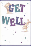 The joyful personality of this get well card shines through its vibrant, playful design, where two charming characters-a sweet teddy bear and an eager puppy-appear to leap from the soft, creamy background, balancing and embracing the large, colourful 'Get Well' letters between them. The rich indigos and bright teals of the text pop against a backdrop as warm and inviting as a Maidenhead bakery on a brisk morning. Scattered stars in shades of blue and lavender twinkle throughout the scene, lending a sense of wonder, hope, and gentle celebration. The textures of the bear's fuzzy fur and the puppy's velvety ears are so convincingly illustrated, they almost invite you to reach out and feel their comforting softness-a tactile reminder of a loving friend's visit. As the eye takes in each detail, the card becomes a little vessel of kindness, much like a hand-delivered bouquet from a Maidenhead florist, crafted to bring genuine reassurance and a gentle lift to someone's day as they recover. This design is a local embrace, carrying warmth and optimism through every brushstroke.