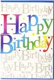 In this close-up, a joyful birthday card fills the frame, its design echoing the lively charm of a birthday gathering in a Maidenhead home. The central focus is the phrase Happy Birthday, written in large, confident letters that stretch broadly across the card. Each letter carries part of a smooth rainbow gradient, flowing seamlessly from deep red through orange and golden yellow into bright green, vivid blue, and finally a rich purple, much like a row of colourful party decorations hanging in a garden near Braywick Park. The typography feels friendly and contemporary, with clean edges and a slightly rounded style that gives the message a soft, inviting character. Behind this bold statement, the card's background is gently animated by lines of delicate script, repeating Happy Birthday to you in a fine, looping hand. This background text is printed in a light metallic gold that twinkles softly, suggesting a subtle shimmer when tilted under the light, as if tiny flecks of sunshine had settled onto the card. The script is small and understated, forming an elegant pattern that adds depth without distracting from the main greeting. The underlying card stock appears to be a creamy, warm white, enhancing the richness of both the colourful letters and the glimmering gold. Altogether, the composition balances bright playfulness with a refined finish. It's easy to imagine this card propped beside a vibrant floral arrangement on a table overlooking the river in Maidenhead, adding an extra touch of sparkle and personality to a special birthday celebration.