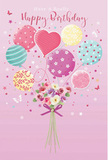 This birthday card design captures the feeling of light-hearted celebration, as though a bouquet of balloons and flowers were floating above the Thames in Maidenhead on a clear spring day. A soft pink background stretches across the scene, providing a gentle, warm canvas for the colours to glow. Rising from the base, a cluster of balloons in pastel tones-petal pink, seafoam green, buttery yellow, and lilac-gathers in a joyful bundle. Each balloon wears a unique decoration: playful stripes that curl like party streamers, neat polka dots that seem to bounce, delicate floral motifs, and tiny starbursts that twinkle. Near the middle, a heart-shaped balloon stands out, adding a clear note of love and birthday affection. Anchoring this cloud of colour is a hand-tied bouquet of roses and soft, daisy-like blooms arranged in creamy ivory, blush, and muted mauve. The petals appear lush and full, suggesting freshly arranged stems you might see in a local Maidenhead shop window, still cool from the morning air. A violet satin bow secures the gathered stems, the ribbon's smooth shine echoing the gleam on the balloons above. Around the design, small butterflies and scattered stars hover, giving the sense that the whole scene could gently drift away on a breeze along the riverside. The composition feels balanced and thoughtful, with each detail-from the shading on the petals to the highlights on the balloons-carefully considered to convey warmth, joy, and the simple pleasure of sending birthday wishes to someone special in Maidenhead.