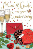 This anniversary card illustration captures the essence of a cosy, love-filled celebration, the kind of scene that feels right at home in a Maidenhead townhouse after a favourite family dinner. At the heart of the design, two slender champagne flutes stand shoulder to shoulder, their clear glass reflecting soft highlights as golden bubbles climb steadily upwards, poised for a celebratory clink. Just in front, a red heart-shaped box of chocolates commands attention; its sumptuous bow arcs gracefully across the lid, now tipped open to reveal neat rows of glossy truffles, each one a small promise of shared sweetness. Off to one side, two full-bloom red roses rest among fresh green leaves, their velvety petals rendered with such care that you can almost sense their perfume, as if freshly delivered from a nearby Maidenhead florist. A couple of individual chocolates lie casually on the table, adding a relaxed, lived-in charm to the scene. Floating above, the hand-drawn inscription to Mum & Dad is surrounded by tiny golden and crimson hearts that drift gently over a warm, neutral background, evoking both romance and the steady comfort of long partnership. A deep red envelope sits neatly within the composition, its smooth, slightly glossy paper and sealed flap hinting at an intimate message written from the heart. The whole image glows with gentle, ambient light, conjuring the soft murmur of family voices, the subtle rustle of card and ribbon, and the enduring affection that turns a simple anniversary into a treasured memory for parents in Maidenhead.